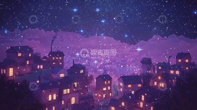 高清大图下载【趣麦麦图】星空小镇夜景