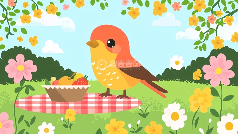 高清大图下载【趣麦麦图】春天小鸟野餐图