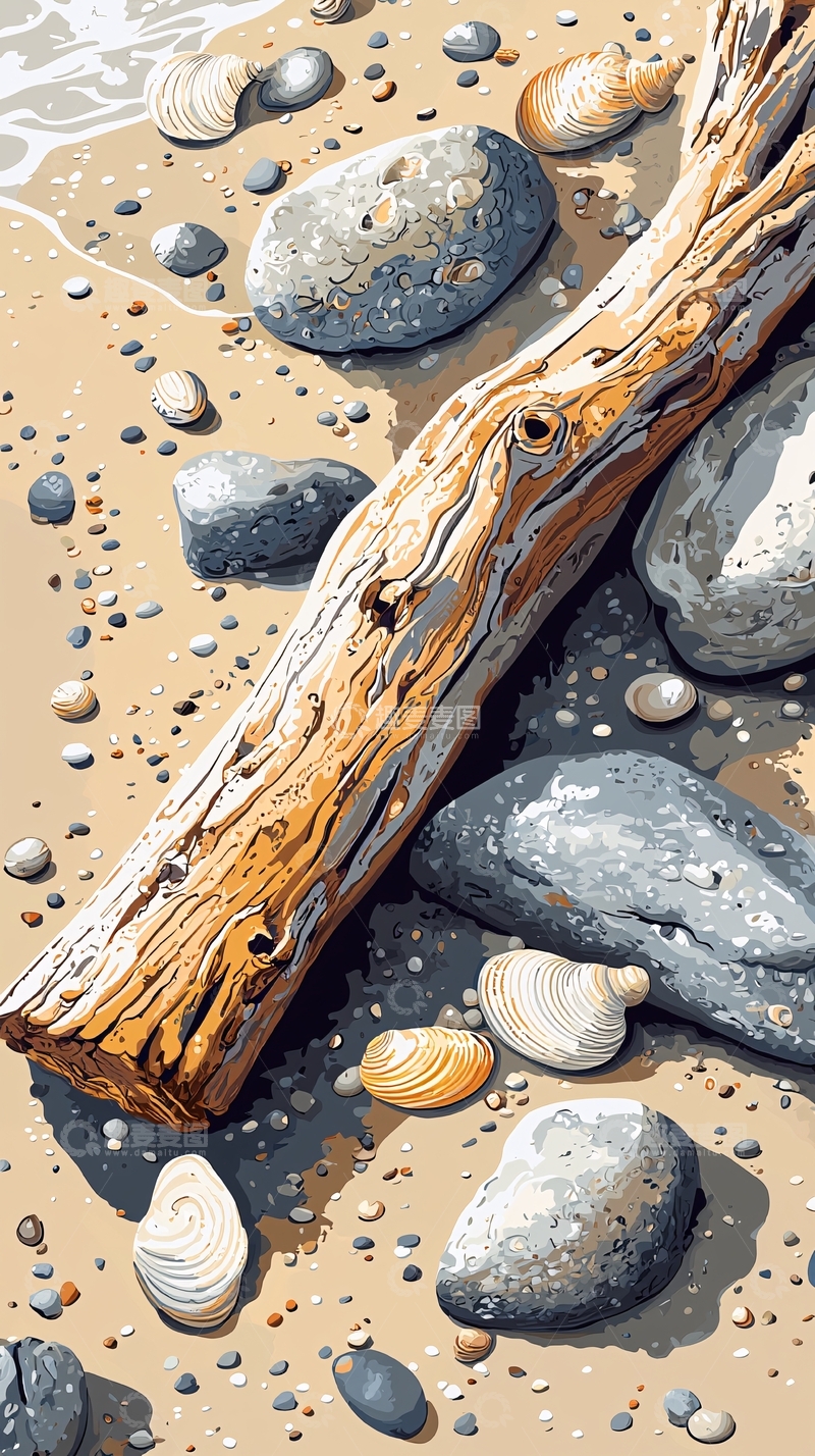 高清大图下载【趣麦麦图】海滩上的木头和石头