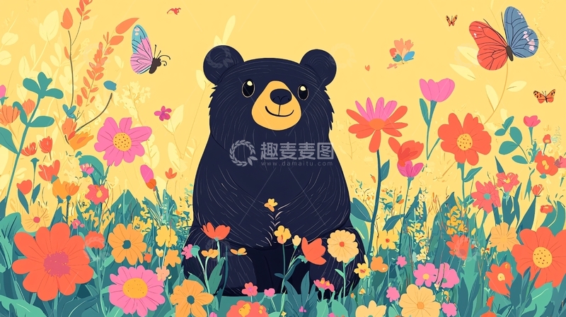 高清大图下载【趣麦麦图】黑熊在花丛中