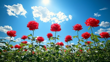 红玫瑰花田蓝天白云