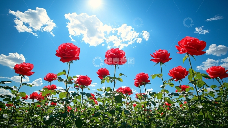 高清大图下载【趣麦麦图】红玫瑰花田蓝天白云