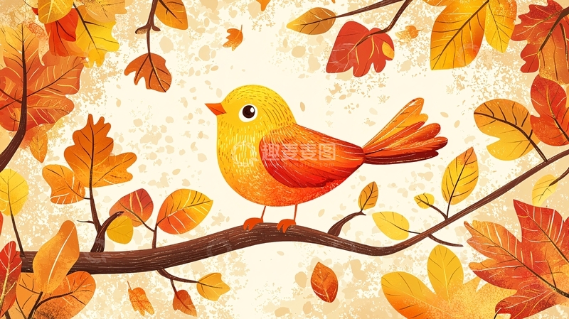 高清大图下载【趣麦麦图】秋叶黄鸟树枝