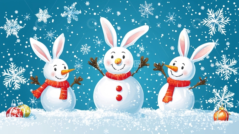高清大图下载【趣麦麦图】雪地里快乐的兔子雪人