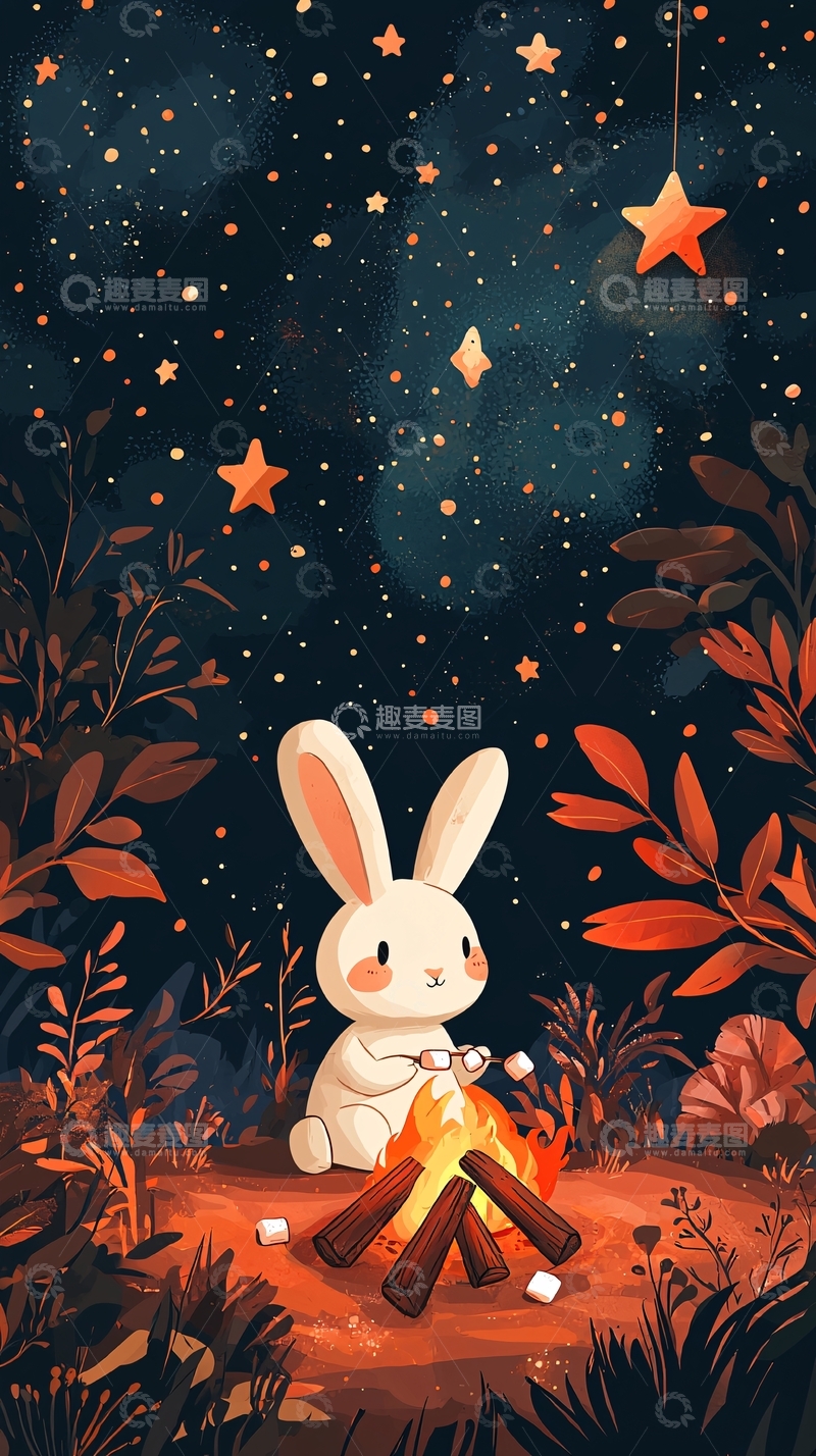 高清大图下载【趣麦麦图】星空篝火兔子