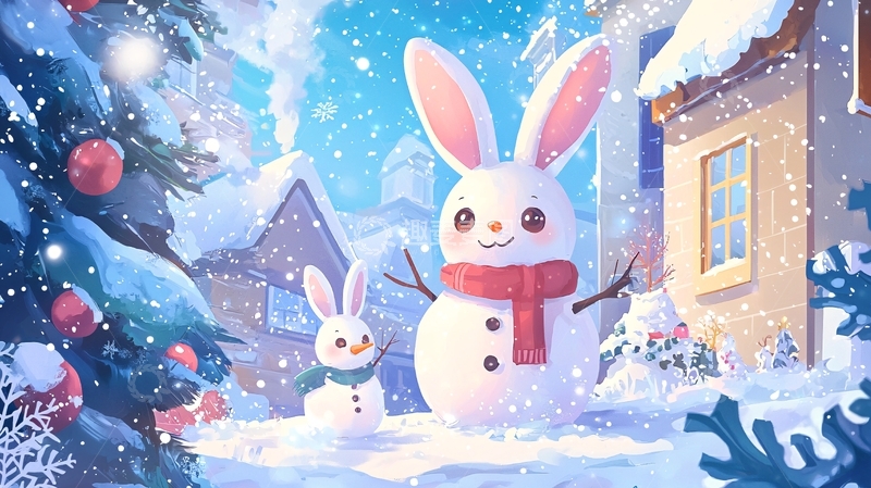 高清大图下载【趣麦麦图】雪地里可爱的兔子雪人