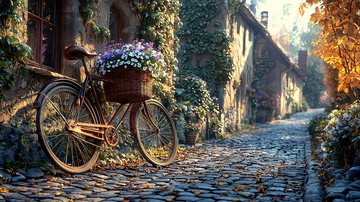 老街的自行车与鲜花