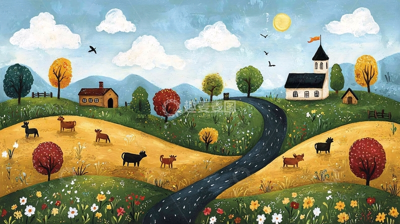 高清大图下载【趣麦麦图】田园风光卡通插画