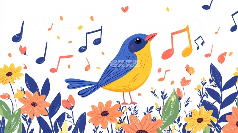 高清大图下载【趣麦麦图】蓝黄小鸟唱歌