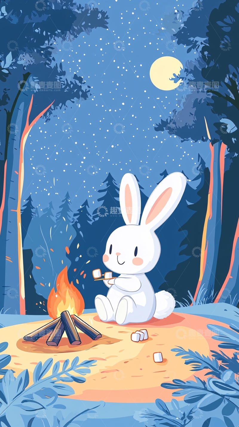 高清大图下载【趣麦麦图】森林篝火兔子棉花糖