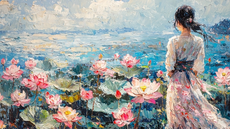 高清大图下载【趣麦麦图】女子赏荷花远眺油画