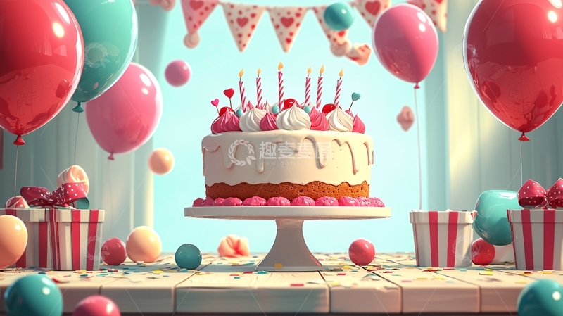 高清大图下载【趣麦麦图】生日蛋糕和气球的场景