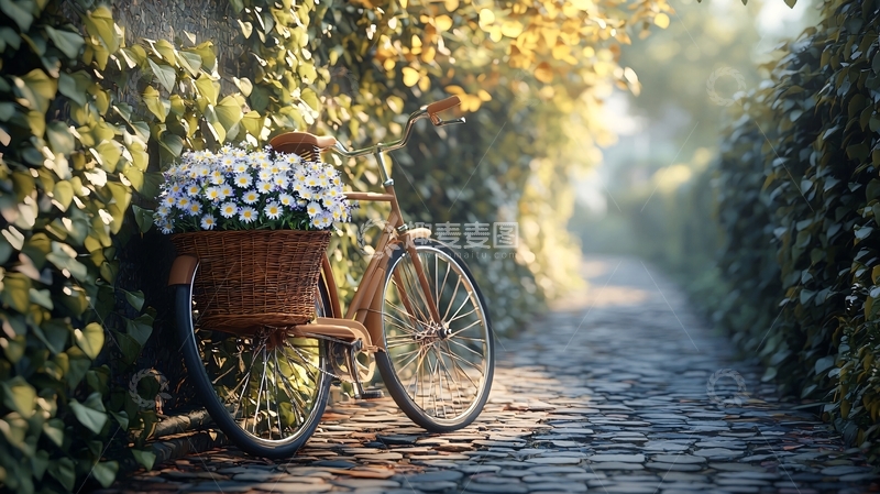 高清大图下载【趣麦麦图】阳光下自行车与花