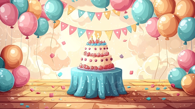 高清大图下载【趣麦麦图】生日蛋糕和气球的插画