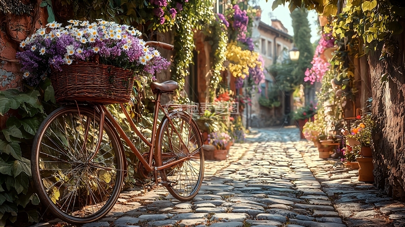 高清大图下载【趣麦麦图】鲜花自行车在石板路上
