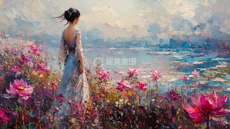 高清大图下载【趣麦麦图】背影女子站在花丛中远眺