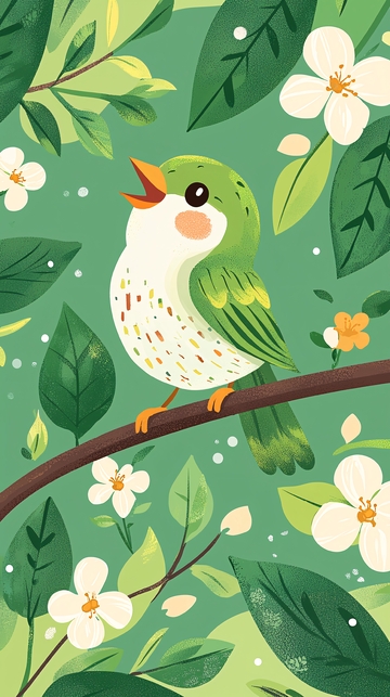 绿鸟在枝头歌唱