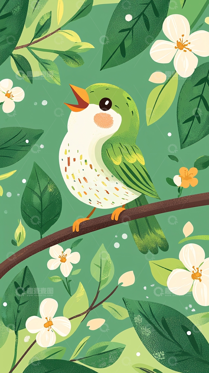 高清大图下载【趣麦麦图】绿鸟在枝头歌唱
