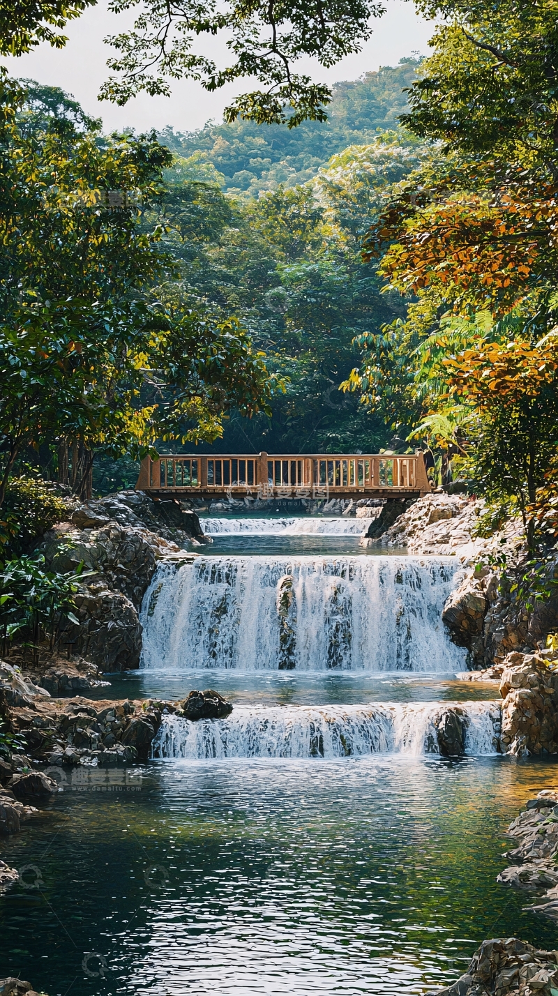 高清大图下载【趣麦麦图】自然风光下的瀑布小桥