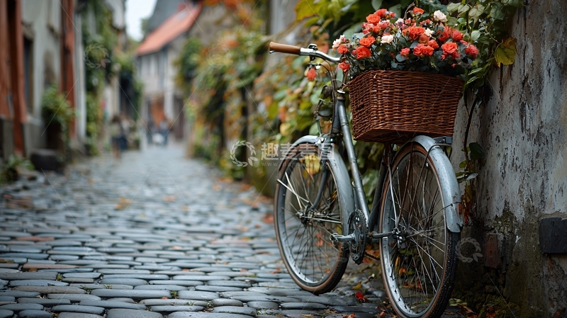 高清大图下载【趣麦麦图】花篮自行车停靠在古老建筑墙边