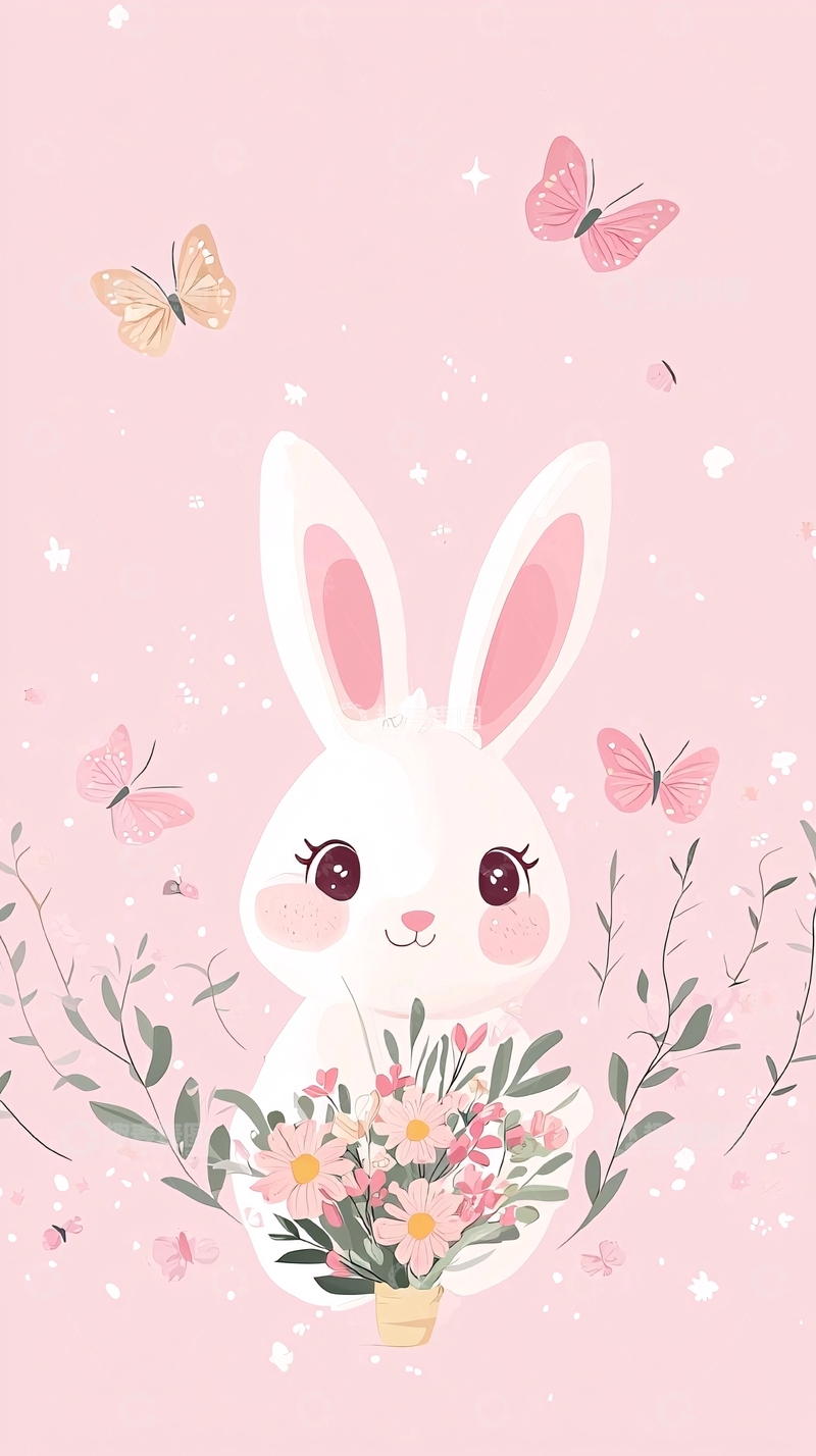 高清大图下载【趣麦麦图】粉色背景可爱小白兔