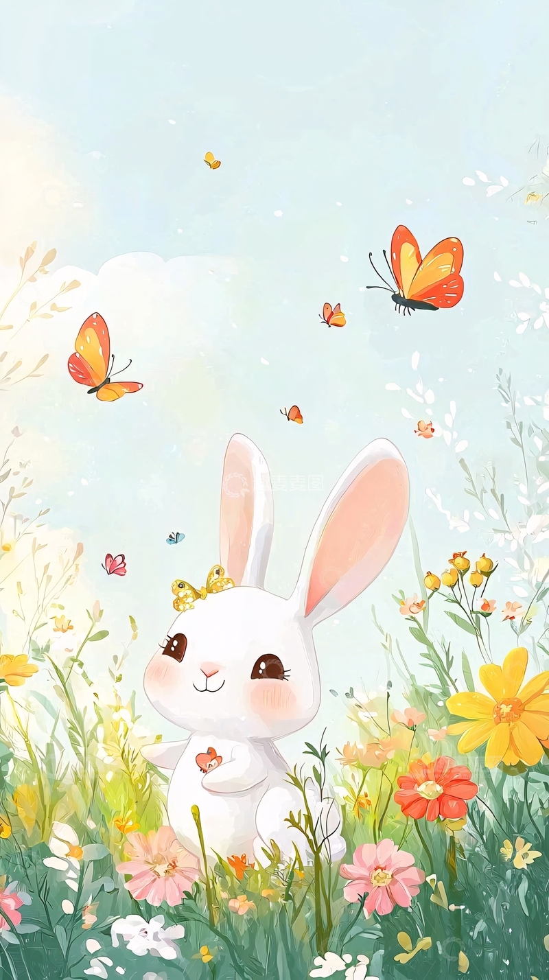 高清大图下载【趣麦麦图】可爱小白兔与蝴蝶花田