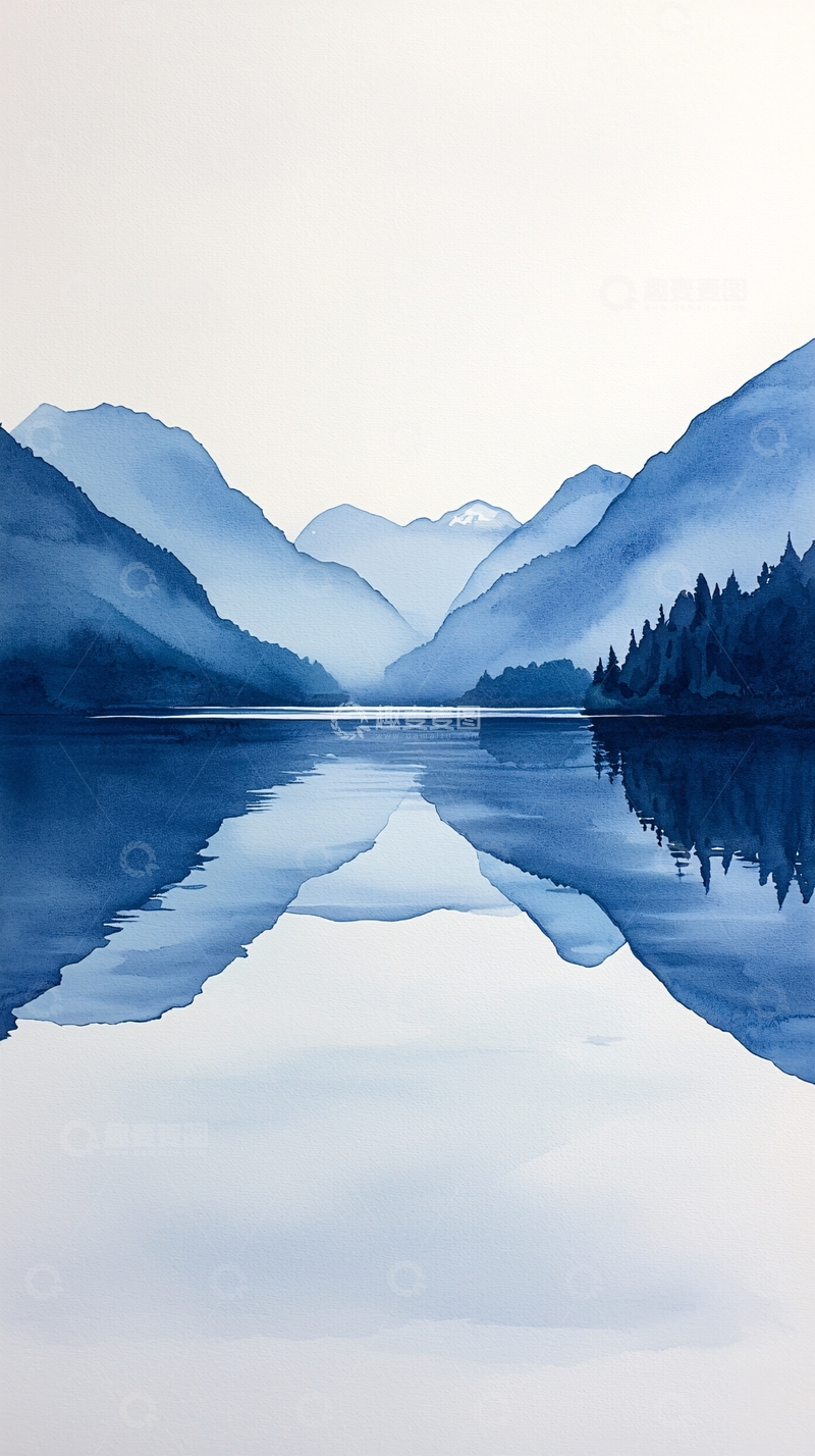 高清大图下载【趣麦麦图】蓝色的水面倒影着山脉的水彩画