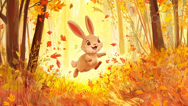 高清大图下载【趣麦麦图】秋天森林里跳跃的兔子