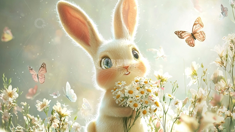 高清大图下载【趣麦麦图】可爱兔子花丛蝴蝶