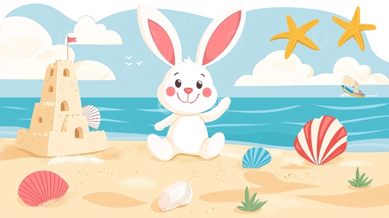 高清大图下载【趣麦麦图】沙滩上的可爱小白兔