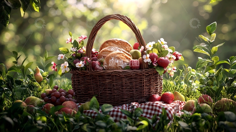 高清大图下载【趣麦麦图】野餐篮子里的美食和鲜花