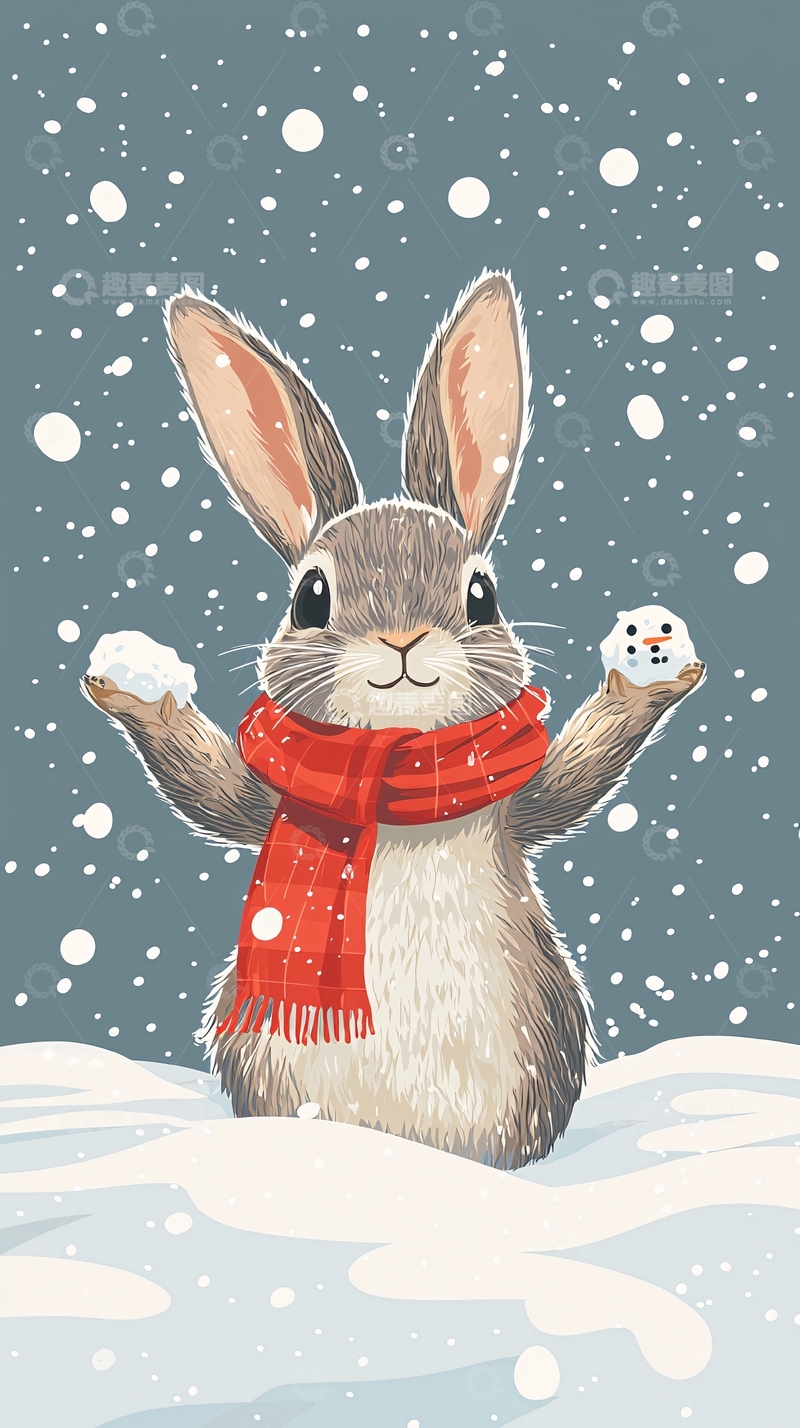 高清大图下载【趣麦麦图】戴红围巾的兔子玩雪
