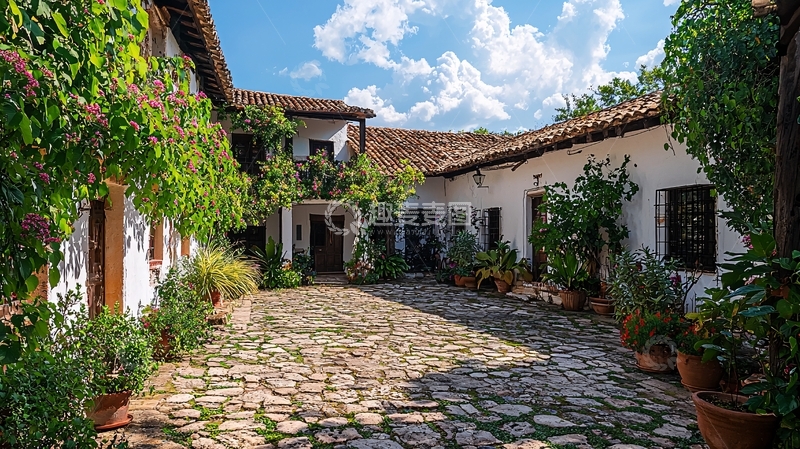 高清大图下载【趣麦麦图】庭院小径两旁是白墙绿植