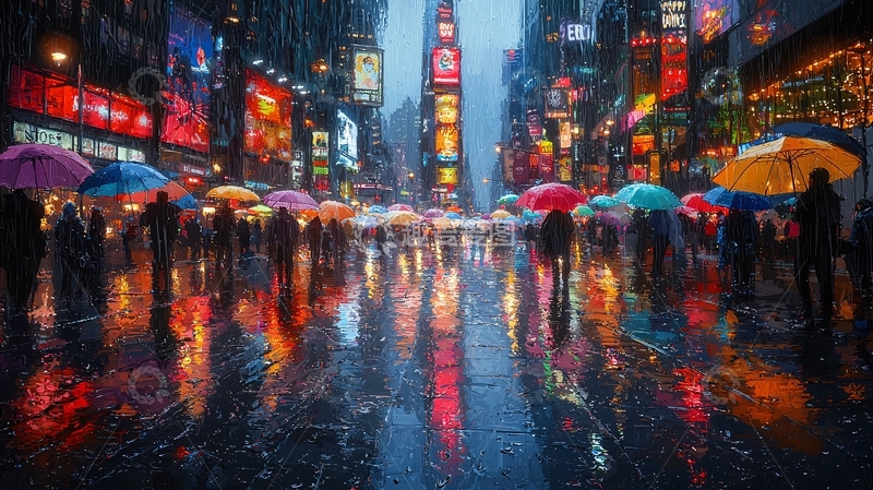 高清大图下载【趣麦麦图】纽约时代广场雨夜霓虹