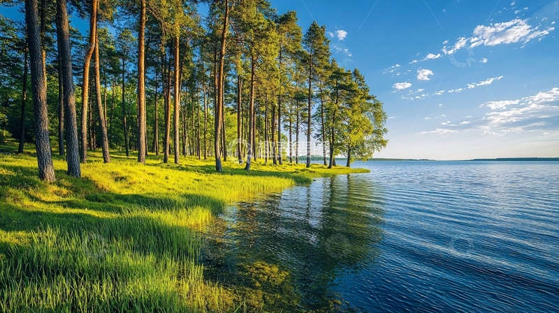 高清大图下载【趣麦麦图】湖边森林阳光明媚