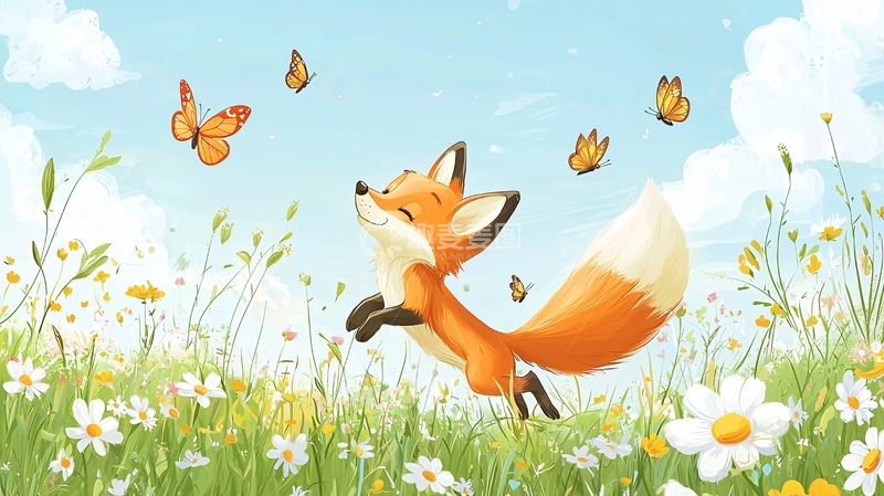 高清大图下载【趣麦麦图】小狐狸跳跃在花海里