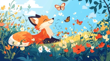 小狐狸在花丛中玩耍