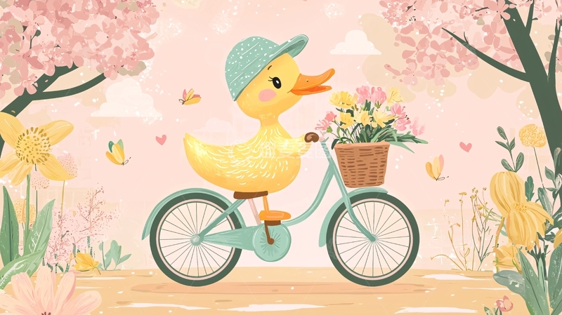 高清大图下载【趣麦麦图】小鸭骑车春游图