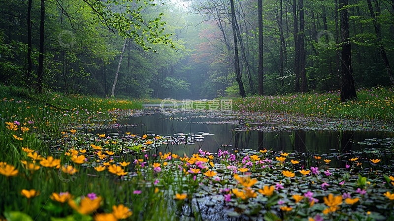 高清大图下载【趣麦麦图】森林小溪边盛开着鲜花