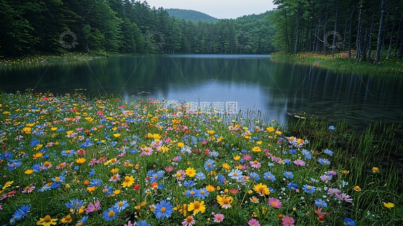 高清大图下载【趣麦麦图】宁静湖畔的鲜花盛开