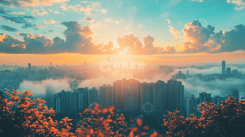 高清大图下载【趣麦麦图】城市黎明时分的阳光景色