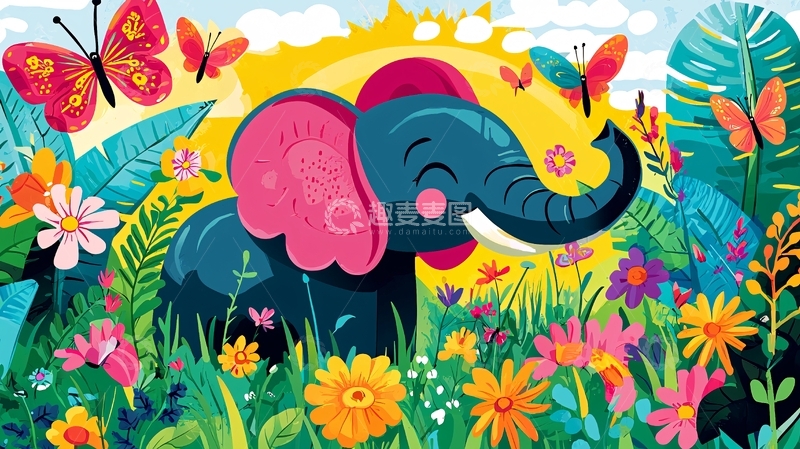 高清大图下载【趣麦麦图】卡通大象花丛日出
