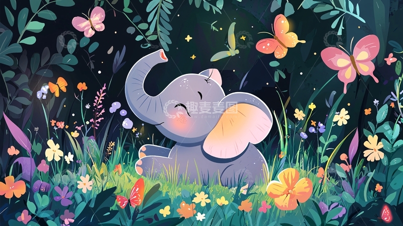 高清大图下载【趣麦麦图】小象与蝴蝶花丛