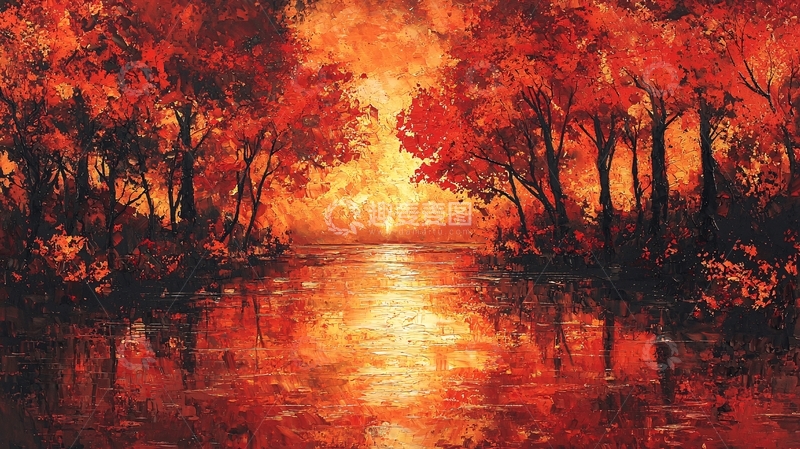 高清大图下载【趣麦麦图】秋日红叶湖面倒影