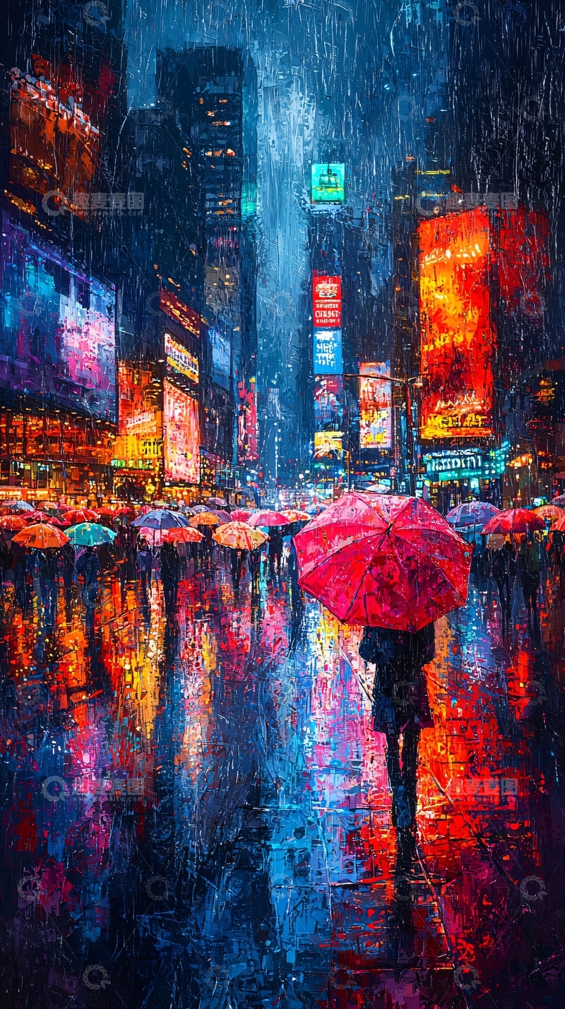 高清大图下载【趣麦麦图】雨夜城市街道人群伞