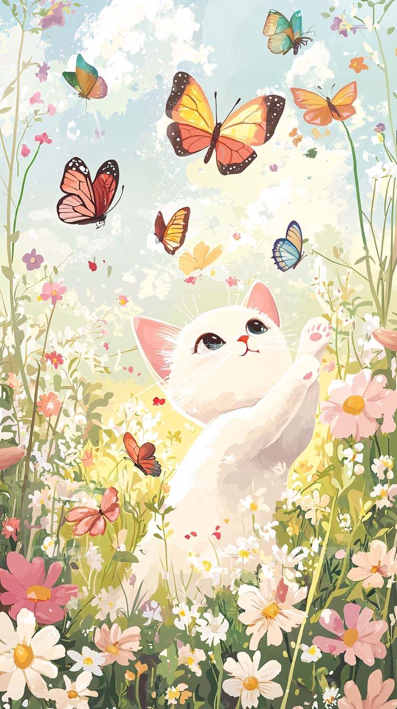 高清大图下载【趣麦麦图】白猫与蝴蝶花田