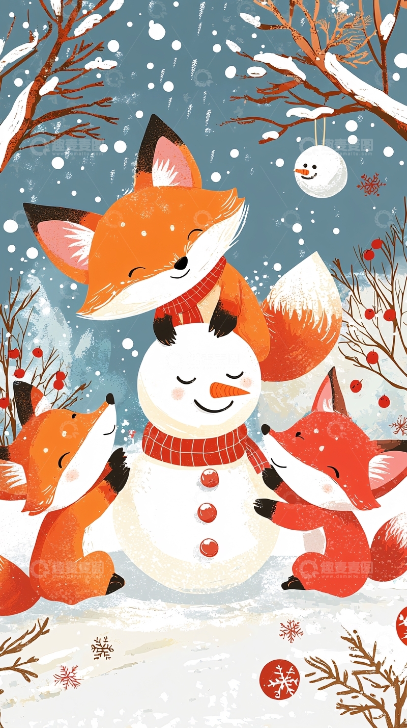 高清大图下载【趣麦麦图】卡通狐狸堆雪人