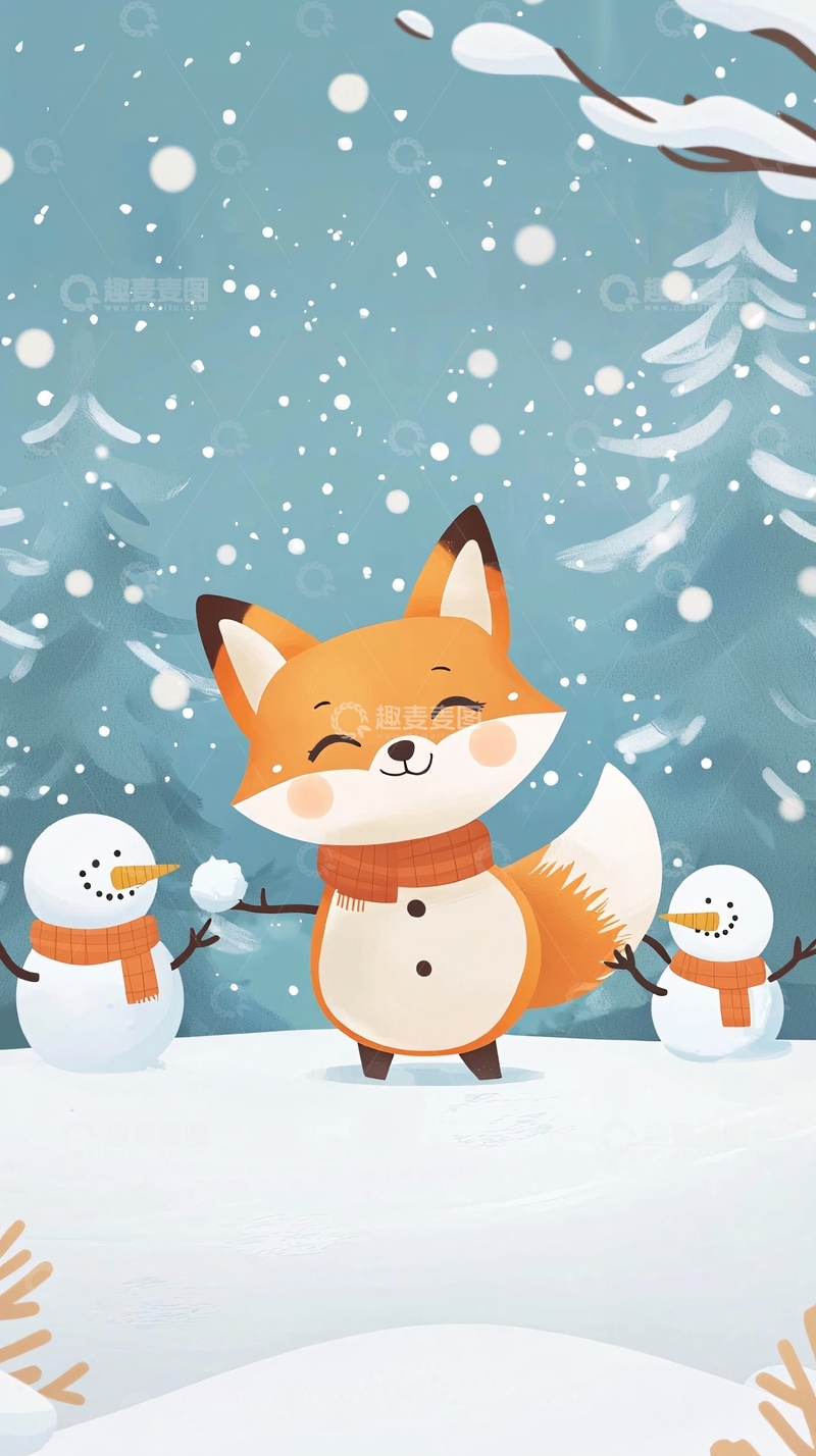 高清大图下载【趣麦麦图】可爱狐狸玩雪人