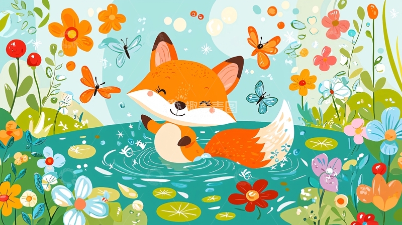 高清大图下载【趣麦麦图】卡通小狐狸玩水