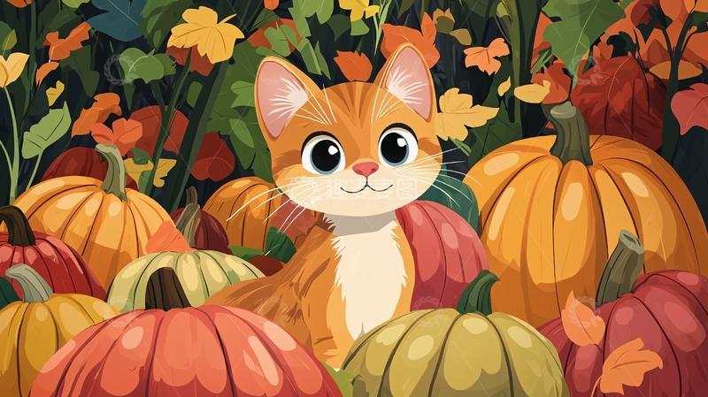 高清大图下载【趣麦麦图】秋天南瓜田里的小猫